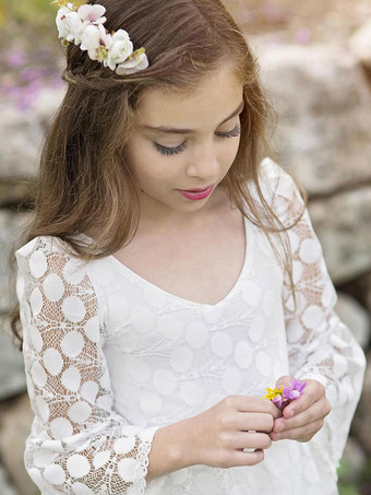 アイボリー フラワー ガール ドレス ジュエル ネック ロング スリーブ レース キッズ パーティー ドレス