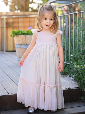 Light Pink Flower Girl Dresses Jewel Neck Sleeveless Ankle-Length A-Line Lace Kids Party Dresses