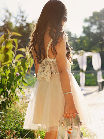 ホワイト フラワー ガール ドレス ジュエル ネック チュール ノースリーブ ショート A ライン リボン キッズ パーティー ドレス