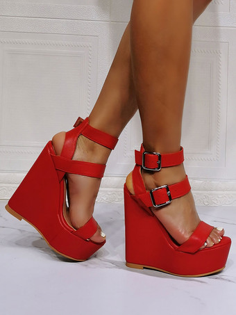 女性の美しいチェーン PU レザー スカイ ハイ ウェッジ ヒールのためのウェッジ サンダル