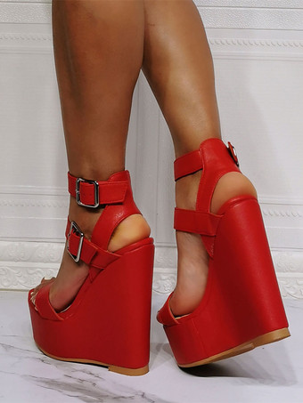 女性の美しいチェーン PU レザー スカイ ハイ ウェッジ ヒールのためのウェッジ サンダル