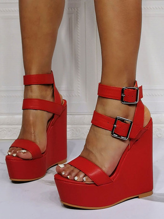 女性の美しいチェーン PU レザー スカイ ハイ ウェッジ ヒールのためのウェッジ サンダル