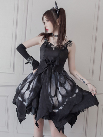   Gothic Lolita Butterfly JSK Dress Blue Sleeveless Lace Up Ruffles Bow Polyester Casual Lolita Jumper Skirt