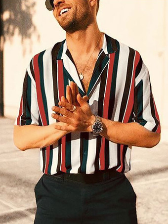 rojo Camisa casual para hombre Cuello vuelto Rayas elegantes Camisas para hombre amarillas