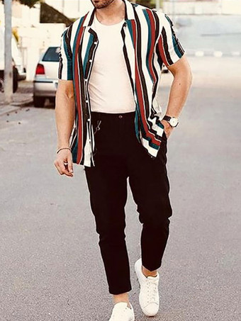 Camisa casual para hombre Cuello vuelto Rayas elegantes Camisas para hombre amarillas