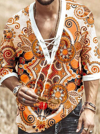 NaranjaCamisa casual de hombre Cuello vuelto Camisas de hombre caqui estampadas elegantes