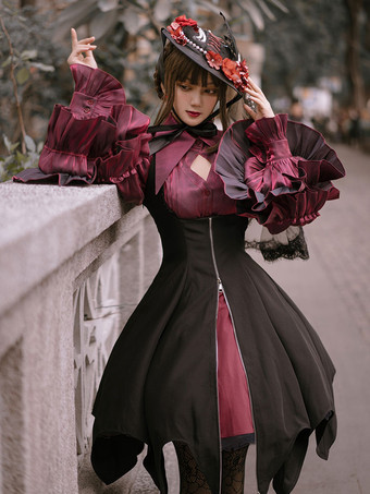 Gothique Lolita SK Mini-jupe Lolita en polyester à volants et à lacets noirs