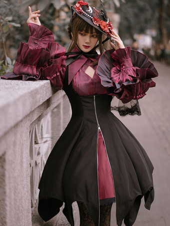 Chemisiers gothiques Lolita Bordeaux Manches longues Noeuds Volants Chemise Lolita en polyester