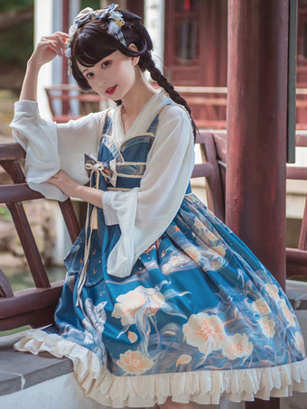 中国風ロリータ JSK ドレス ブルー フリル 花柄 ポリエステル レース ロリータ衣装