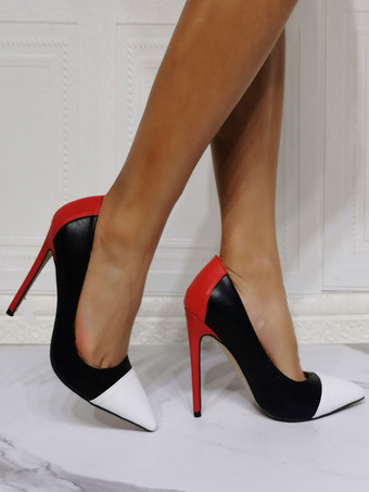 ブラック ハイヒール ポインテッドトゥ パッチワーク PU レザー スティレット ヒール パンプス