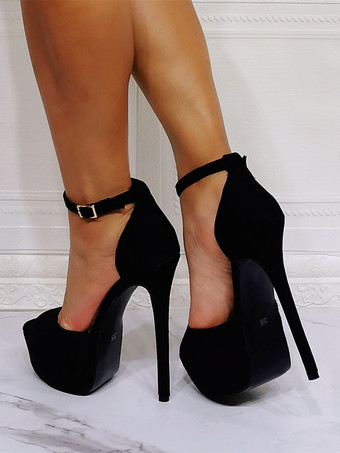 ハイヒールのセクシーなサンダルブラックマイクロスエード上ピープ目のスティレットヒールハイヒールの足首のストラップのかかと