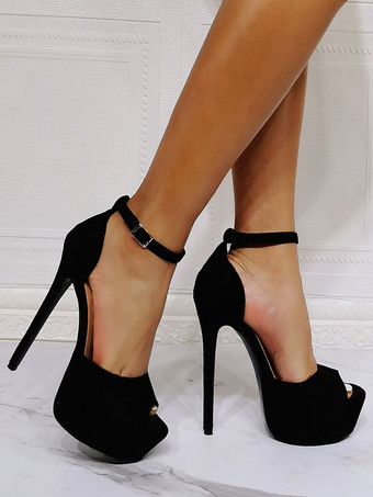 ハイヒールのセクシーなサンダルブラックマイクロスエード上ピープ目のスティレットヒールハイヒールの足首のストラップのかかと