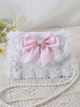 ライトピンクロリータバッグ スイート ベビーPUレザー弓レース装飾PUレザークロスボディバッグロリータアクセサリー ブルー