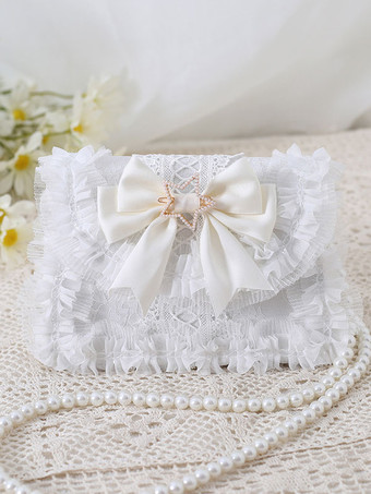 アイボリー ロリータバッグ スイート ベビーPUレザー弓レース装飾PUレザークロスボディバッグロリータアクセサリー ブルー