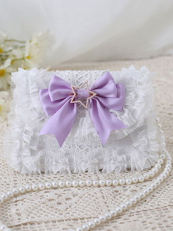 ライラックカラーロリータバッグ スイート ベビーPUレザー弓レース装飾PUレザークロスボディバッグロリータアクセサリー ブルー