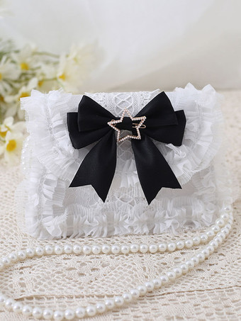 ブラック ロリータバッグ スイート ベビーPUレザー弓レース装飾PUレザークロスボディバッグロリータアクセサリー ブルー