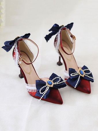 Chaussures rouges Nœud Bleu Douce Lolita Talon Haut Bleu fonccé dentelle pointu Lolita Talons