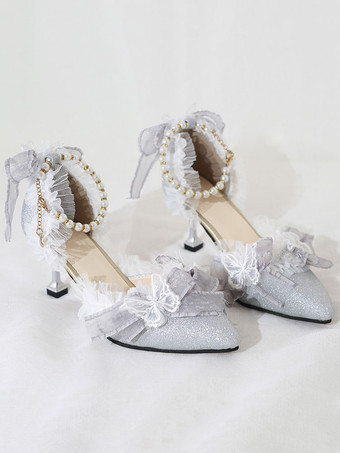 Dolce Lolita cinturino alla caviglia tacco modello farfalla pizzo farfalla perle scarpe a punta monogramma in pelle scamosciata nastro Lolita scarpe