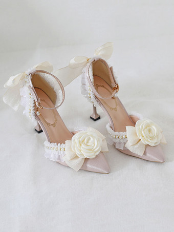Sapatos Lolita Sweet Lolita Tornozelo com Tira de Salto Ecru Flores Brancas Pérolas De Renda Nubuck Salto de estilete