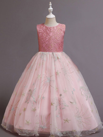 ピンクレッド フラワー ガール ドレス ジュエル ネック ノースリーブ 足首までの長さ A ライン 刺繍 ポリエステル キッズ パーティー ドレス