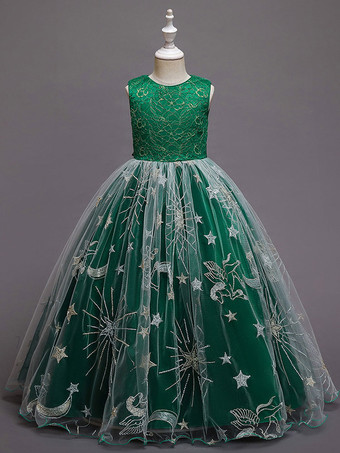 グリーン レッド フラワー ガール ドレス ジュエル ネック ノースリーブ 足首までの長さ A ライン 刺繍 ポリエステル キッズ パーティー ドレス