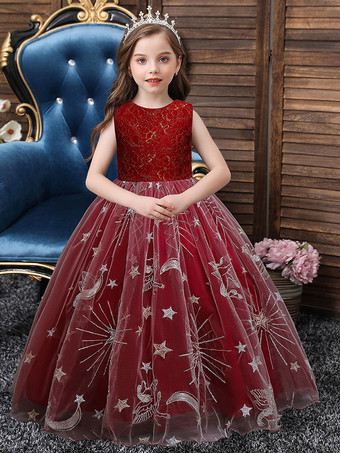 Kids Dress Princess Party Dress Jewel Neck Ankle-Length A-Line Embroidered Sleeveless Flower Girl Dress