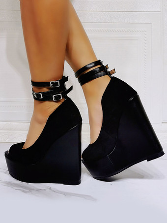 ブラック ウェッジサンダル ピープトゥ ウェッジヒール マイクロスエードアッパー アンクルストラップヒールサンダル
