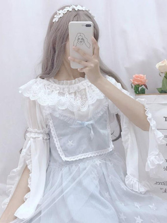 ホワイト 甘いロリータ ブラウス レース フリル 長袖 ブラウス ポリエステル アプリコット ロリータ シャツ