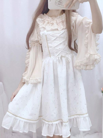 甘いロリータ ブラウス レース フリル 長袖 ブラウス ポリエステル アプリコット ロリータ シャツ
