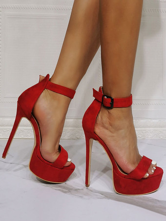 セクシーなハイヒールの女性のための赤のマイクロスエードアッパーオープントゥスティレットヒールセクシーなアンクルストラップヒール