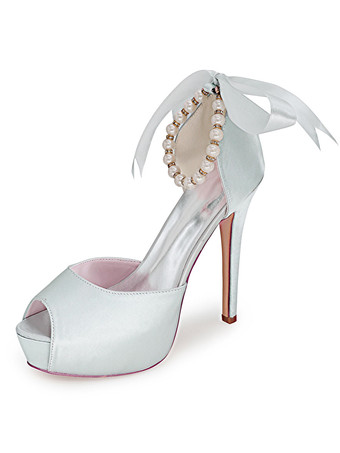 シルバー ウェディング シューズ サテン ホワイト ピープトウ パール スティレット ヒール アンクル ストラップ ブライダル シューズ