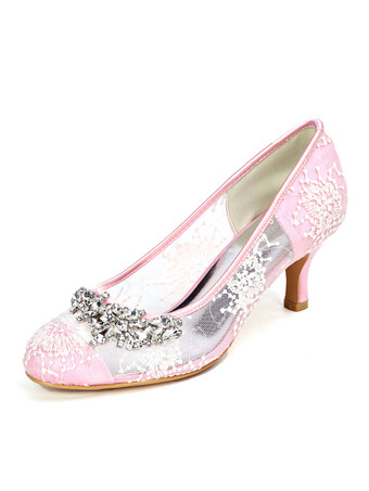 ピンク ウェディングシューズ レース アイボリー ラウンドトゥ ラインストーン 子猫のかかと ブライダルシューズ