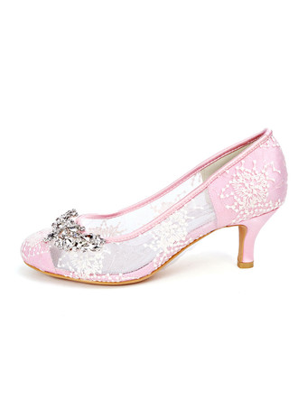 ウェディングシューズ レース アイボリー ラウンドトゥ ラインストーン 子猫のかかと ブライダルシューズ