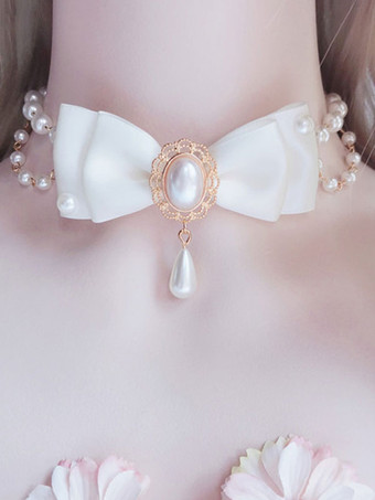 White Lolita Necklace Pearls Polyester Bows Sweet Lolita Chocker