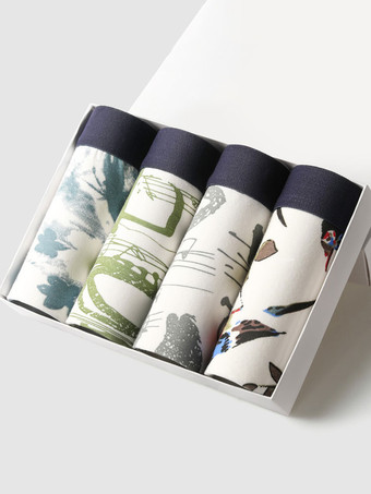 メンズ ライクラ コットン ボックス ブリーフ ミッドライズ スポーツ プリント 通気性下着 4 枚