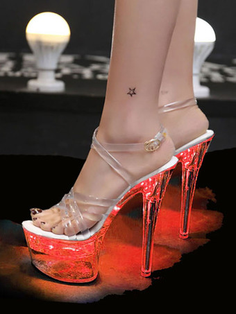 レッド 女性のためのセクシーなサンダルアクアPVCアッパーオープントゥコーンヒールスカイハイヒールアンクルストラップヒール ポールダンスシューズ