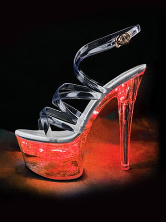 レッド ポールダンスシューズ セクシーサンダル 女性用 オンブレ PVC アッパー オープントゥ コーンヒール スカイハイヒール アンクルストラップヒール ストリッパーシューズ