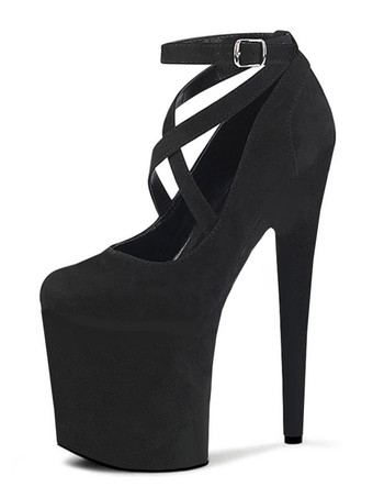 ブラック 女性セクシーハイヒールアプリコットラウンドトゥバックルセクシースティレットヒールスカイハイヒールアンクルストラップヒール ポールダンスシューズ