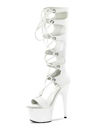 ホワイト セクシーなハイヒールブーツオープントゥジッパーバックルスティレットヒールレイブクラブブラックサイハイブーツオーバーザニーブーツ ポールダンスシューズ