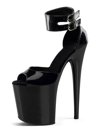 ブラック 女性セクシーサンダルブラックPUレザーオープントゥスティレットヒールスカイハイヒールアンクルストラップヒール ポールダンスシューズ