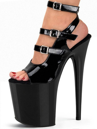 ハイヒールセクシーサンダルブラックPUレザーオープントゥスチレットヒールスカイハイヒールアンクルストラップヒール ポールダンスシューズ