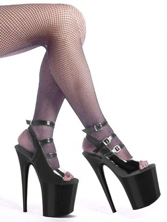 ハイヒールセクシーサンダルブラックPUレザーオープントゥスチレットヒールスカイハイヒールアンクルストラップヒール ポールダンスシューズ