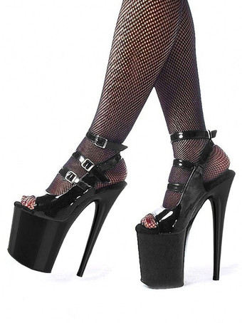 ハイヒールセクシーサンダルブラックPUレザーオープントゥスチレットヒールスカイハイヒールアンクルストラップヒール ポールダンスシューズ