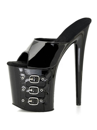 ブラック 女性のためのセクシーなサンダル赤いPVCアッパーオープントゥスティレットヒールスカイハイヒールミュール ポールダンスシューズ