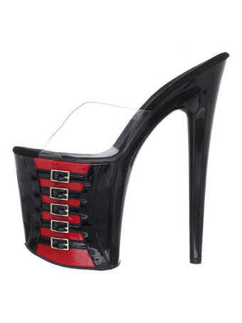 女性のためのセクシーなサンダル赤いPVCアッパーオープントゥスティレットヒールスカイハイヒールミュール ポールダンスシューズ