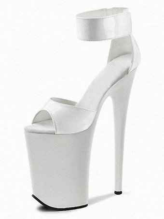 ホワイト ハイヒールセクシーサンダルホワイトPUレザーオープントゥスチレットヒールスカイハイヒールアンクルストラップヒール ポールダンスシューズ