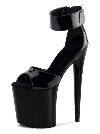 ブラック ハイヒールセクシーサンダルホワイトPUレザーオープントゥスチレットヒールスカイハイヒールアンクルストラップヒール ポールダンスシューズ