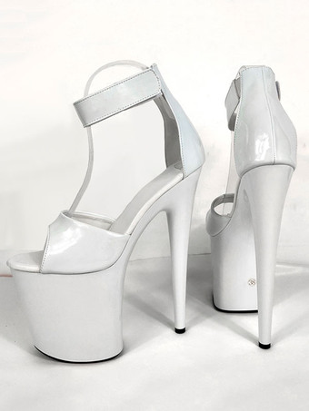 ハイヒールセクシーサンダルホワイトPUレザーオープントゥスチレットヒールスカイハイヒールアンクルストラップヒール ポールダンスシューズ