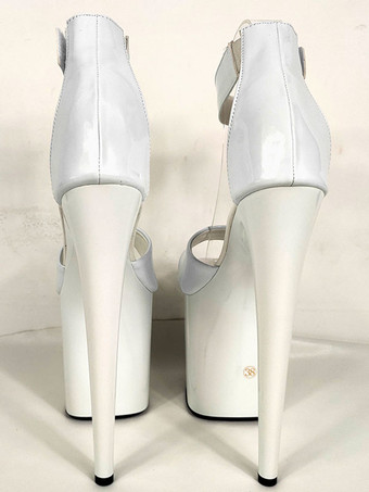 ハイヒールセクシーサンダルホワイトPUレザーオープントゥスチレットヒールスカイハイヒールアンクルストラップヒール ポールダンスシューズ