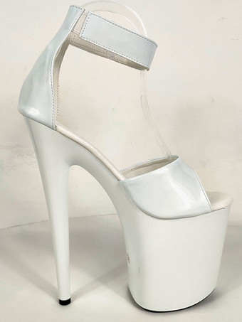 ハイヒールセクシーサンダルホワイトPUレザーオープントゥスチレットヒールスカイハイヒールアンクルストラップヒール ポールダンスシューズ